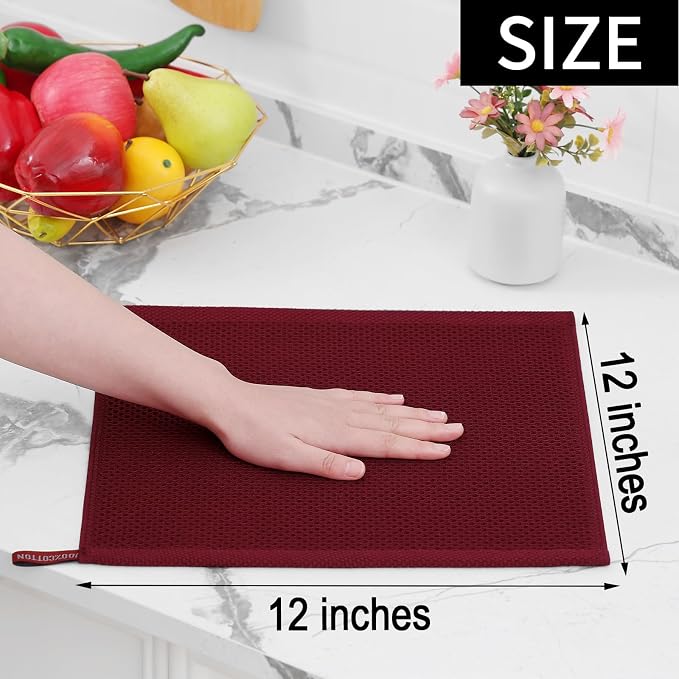 Homaxy 100% Cotton Waffle Weave Kitchen Dish Cloths 12-Pack, Burgundy | 12 x 12 Inches, Ultra Soft Absorbent Dish Towels, Quick Drying Dish Rags with Hanging Loop