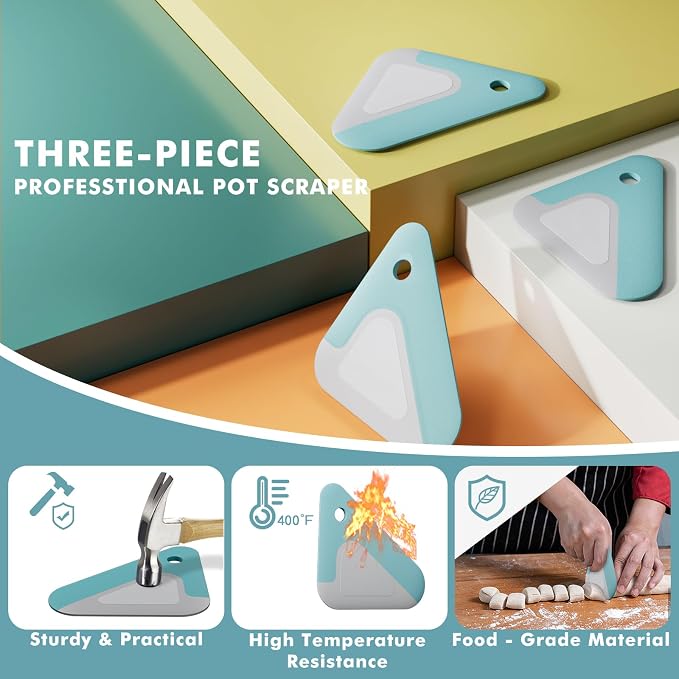 Food Scraper Dish Scraper for Cast Iron Skillets, Cookware, Pans and Pots | Nylon and Silicone, 2-in-1 Kitchen Scraper Tools, Pan Scraper, Heat resistant to 140 ℉, 3 Pack