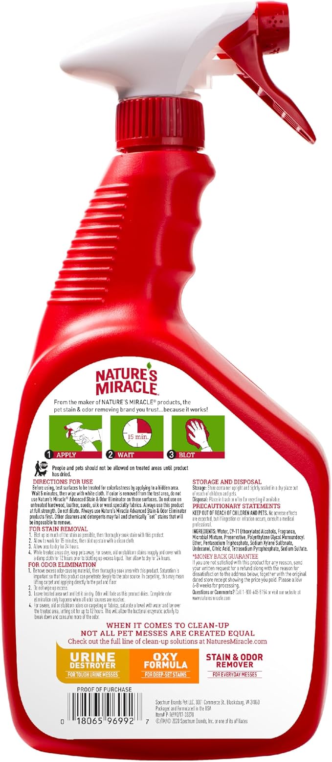 Nature’s Miracle Advanced Cat Stain & Odor Eliminator, Severe Mess, 32 oz | Enzymatic Cleaner Eliminates the Toughest Cat Messes, For Use on Multiple Surfaces, Safe For Pets and Home*, Fresh Scent