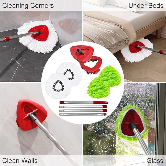 4 Pack Replacement Mop Heads& Handle Scrub Brush and Base Combo Set Compatible with Ocedar Spin Mops Refills，30-58" Mop Handle and Microfiber Head Refills for Cleaning
