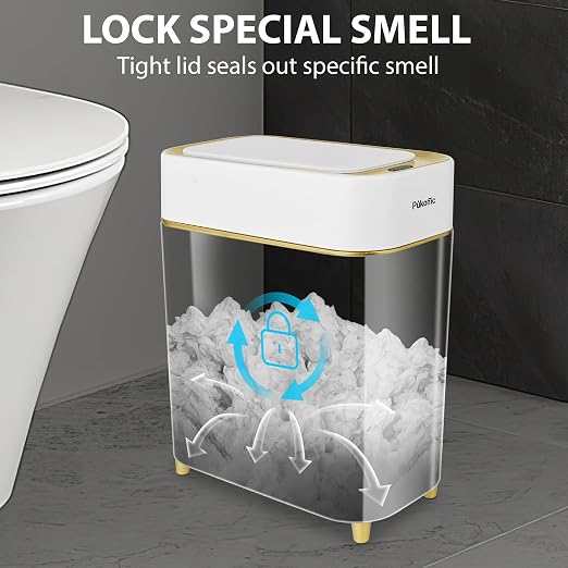 Pukomc 2.3 Gallon / 9L Automatic Adsorption Sensor Trash Can | White Gold Motion Sensor Garbage Bin with Suction, Slim Fashionable Design for Kitchen, Bathroom, Office & Small Space