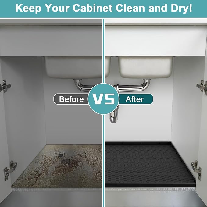 Waterproof Under Sink Mat, 28" x 19" Silicone Under Sink Mats for Kitchen, Under Kitchen Sink Mats and Protector Mat, Sink Cabinet Protector Mats for Bathroom, Black