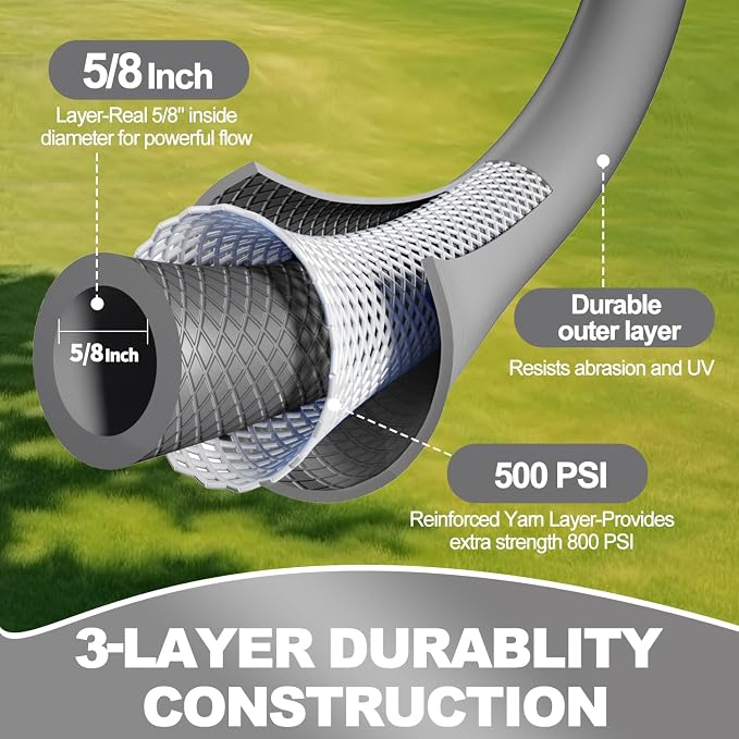 YOTOO Heavy Duty Hybrid Garden Water Hose 5/8-Inch by 75-Feet 150 PSI Kink Resistant, Flexible with Swivel Grip Handle and 3/4" GHT Solid Brass Fittings, Gray