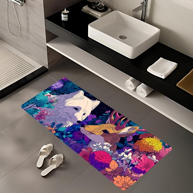 ANNA QUEEN Whimsical Forest Animal Laundry Room Rug Runner 20x47 Inch - Waterproof Non-Slip Floor Mat for Front Load Washer Dryer,Fox Deer Floral Room Decor,Machine Washable
