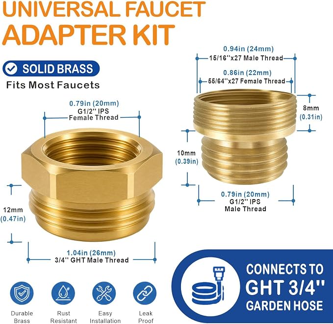 Shower Hose Adapter, Sink Faucet Adapter Kit to Garden Hose Adapter | Brass Sink Adapter, Threads: G1/2" Female, 55/64"-27 Female and 15/16"-27 Male to 3/4" GHT Male, with Washers and PTFE Tape