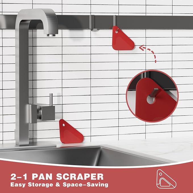 Food Scraper Dish Scraper for Cast Iron Skillets, Cookware, Pans and Pots | Nylon and Silicone, 2-in-1 Kitchen Scraper Tools, Pan Scraper, Heat resistant to 140 ℉, 3 Pack, Red