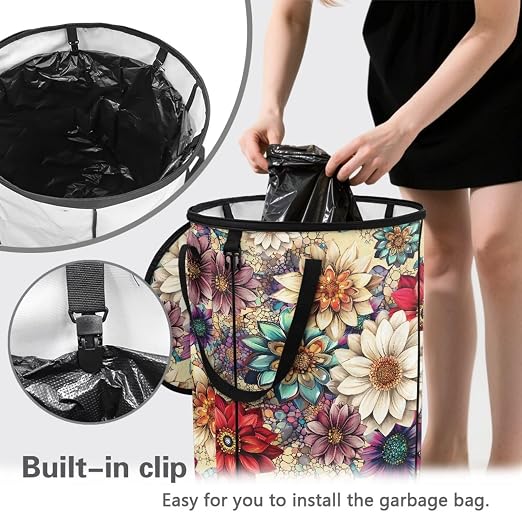 BIGCARJOB Boho Floral Large Trash Can with Lids, Camping Trash Can Collapsible Garbage Cans Water Resistant Garbage Bin Storage Holder for Outside, 22.83x17.71 in