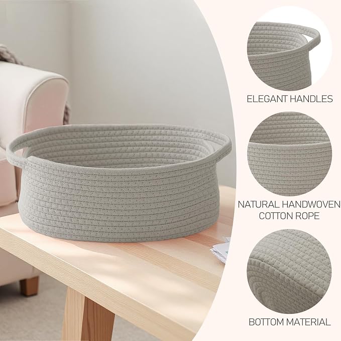 JMvicyroam Small Woven Basket, Empty Gift Basket, Grey/2 Pack | Small Gift Basket, Cotton Rope, 12 x 8 x 37 in, Handles, Includes Ribbon and Bag, Birthday Gift Basket