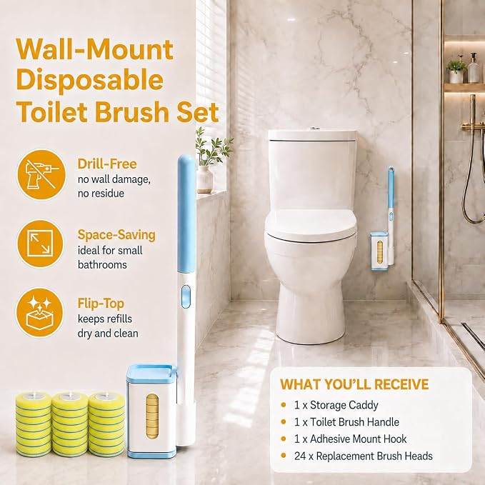 Disposable Toilet Bowl Cleaner Wand and Holder Set, Wall-Mounted | Hands Free Toilet Scrubber Wand, Bathroom Cleaning Supplies, 1 Wand and 1 Holder with 24 Yellow Refills, Light Lemon Scent