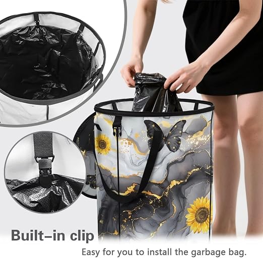 BIGCARJOB Marble Print Collapsible Trash Can Portable Tall Trash Can Oval Recycling Bin 22.83x17.71 Outside Sunflower Garbage Bin Storage Bag with Clip and Zipper Lid