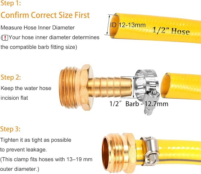 Brass Garden Hose Connector Repair Mender Kit, Fits 1/2" Water Hose Fitting | 2 Set, 1/2" Barb x 3/4" GHT, with Stainless Clamp