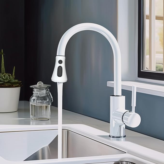 Hibbent Pull Down Spray Head for Kitchen Faucet, 3-Function Spray Nozzle | NSF/ANSI/CAN 61/372 & cUPC Certified Sink Faucet Head Replacement, 15 Adapters, Compatible with Moen, Delta, Kohler, White