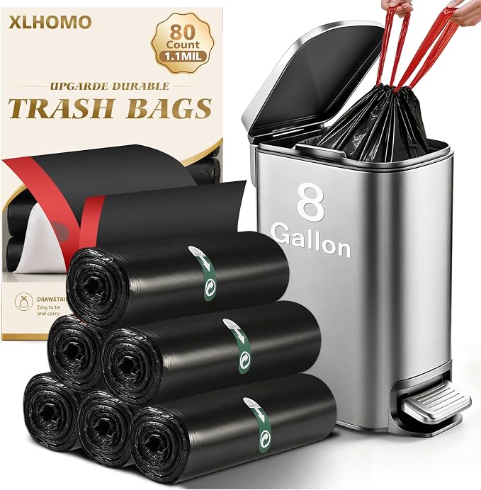 8 Gallon Trash Bag Black Drawstring, 80 Count Heavy Duty Pre-separated Garbage Bags, Thick Trash Bin Liners for Bathroom, Kitchen, Bedroom, Office
