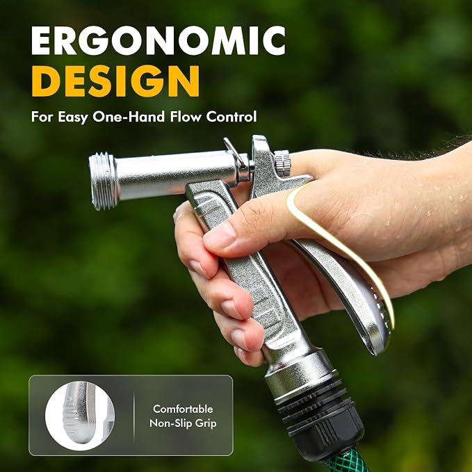 RESTMO 100% Metal Rust-Proof Chrome Plated Garden Hose Nozzle Heavy Duty | 5X Lifespan Zinc Alloy Pistol Grip Hose Sprayer Nozzle, Leak Proof, Threaded Front, Idea for Car Washing, Plant Watering