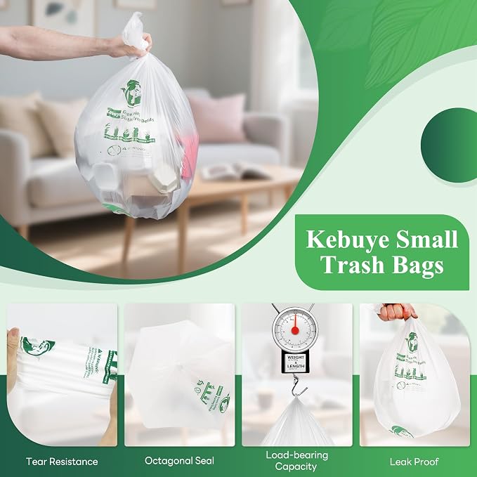 Small Trash Bags 1.2 Gallon - Biodegradable Gallon Waste Bag for Bathroom | Mini Compostable Strong Bathroom Wastebasket Can Liners Garbage Bags for Home Office Kitchen Fit 5 Liter 5L 1 Gal White