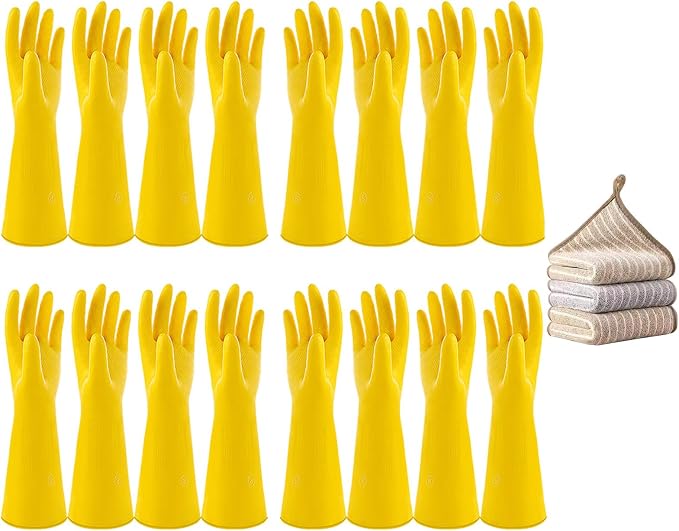 8 Pairs Reusable Household Cleaning Gloves, Rubber Kitchen Dishwashing Gloves,Extra Thickness, Long Sleeves, for Washing Dishes, Pet Care(Medium, Yellow)