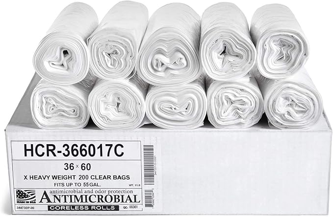 Aluf Plastics HCR-366017C 55 Gallon Custom Fit for Rubbermaid Brute - Clear Trash Bags (200 Count) - 36" x 60" - 17 Micron Equivalent High Density Value Garbage Bags for Bathroom, Office, Industrial, Commercial,