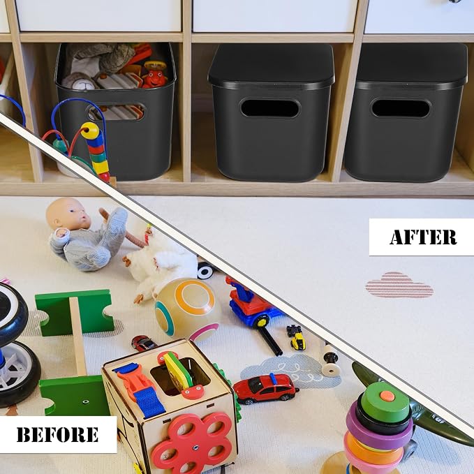 Hoolerry 8 Pack Storage Bins, 9.8 X 7.1 X 6.3 Inch Black | Plastic Stackable Containers with Lid Handle, For Shelves Desktop Playroom Office, Organizing Toys Books Supplies Storage