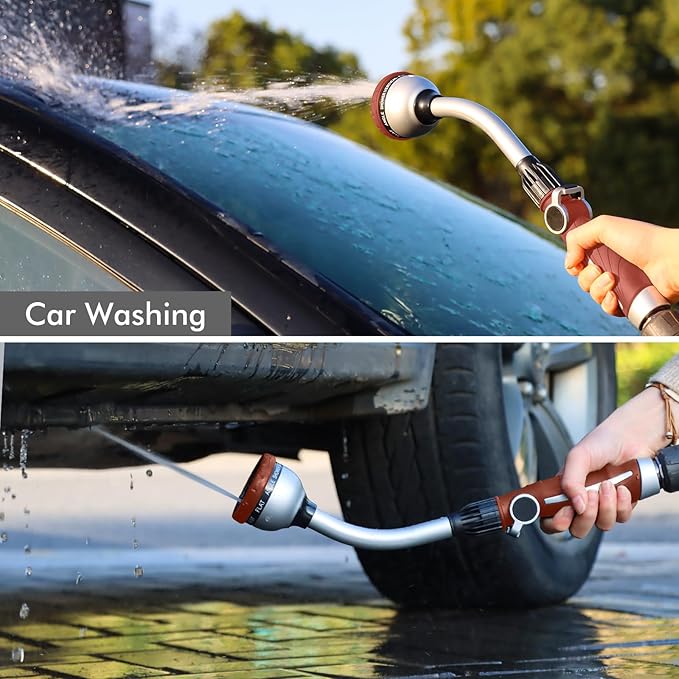 RESTMO Watering Wand Heavy Duty, 15-Inch Long Hose Nozzle Sprayer | 10 Spray Patterns & Thumb Flow Control, Metal Garden Hose Wand for Water Hanging Baskets and Shrubs, Red