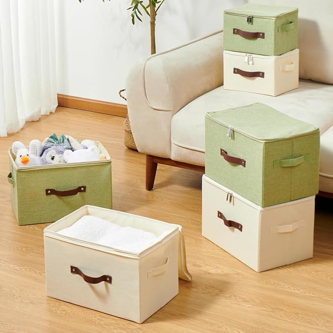 Storage Bins with Zipper Lids Decorative Lidded Baskets Boxes | Clothes Container, Closet Shelf Organizer, Foldable Washable, Cotton Linen Fabric, w/ PU Leather Handles, Green, Small