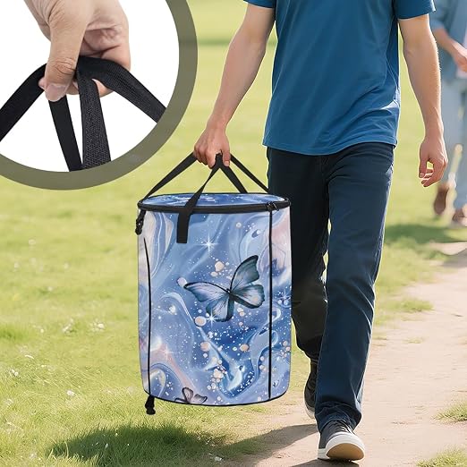doginthehole Blue Marble Butterfly Collapsible Trash Can Pop Up Camper Trash Can with Lid, 22.83x17.71, Waterproof Bag Outdoor Garbage Bin Storage Accessories, 23 Gallons