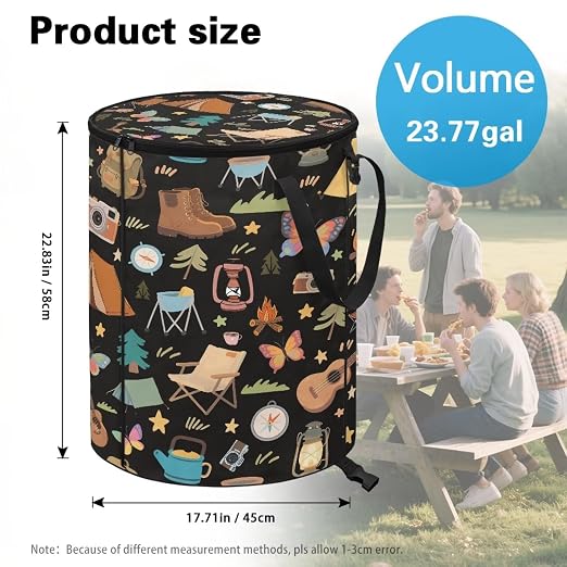 Black Collapsable Trash Can with Lid 20+ Gallon Cute Trash Can Bags with Butterfly Tent Print Waterproof Outdoor Garbage Cans for Camping, RV's, Picnic