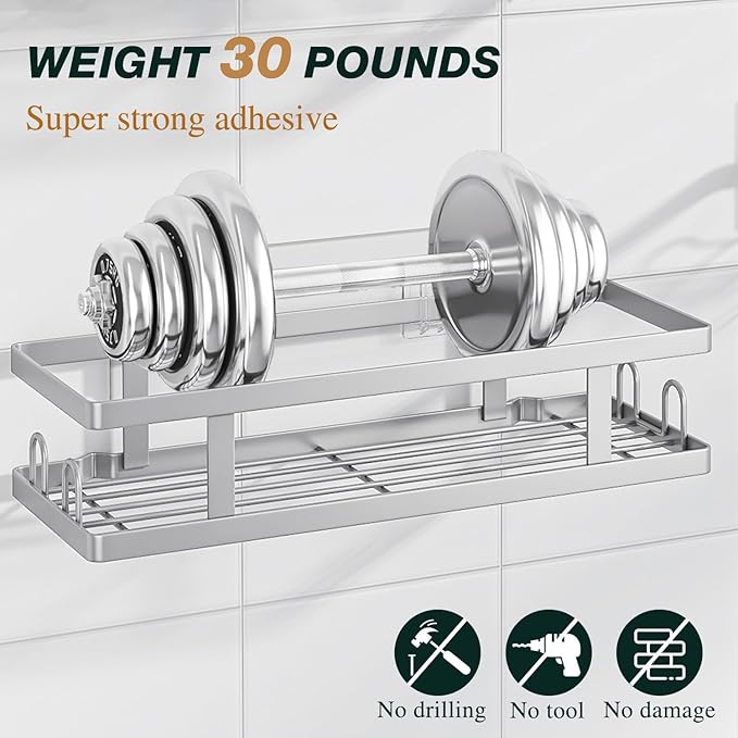 Youvip Adhesive Shower Caddy, Silver, 3 Pack | Shower Shelves, Soap Holder, 12 Hooks, Rustproof No Drilling, Bathroom Organizer and Storage