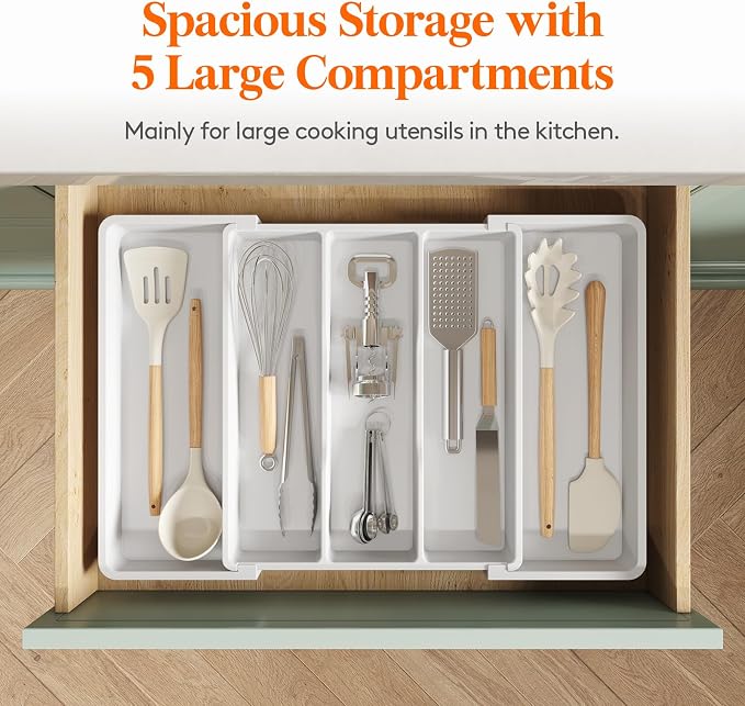 Lifewit Utensil Organizer for Kitchen Drawers, Expandable Utensil Tray | Adjustable Cooking Cutlery Silverware Flatware Holder, Plastic Spatula Tools Storage Divider, 13-22 x 15", White