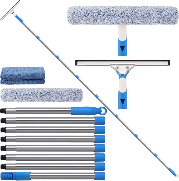 10 Feet Long Squeegee Window Cleaner Tool for Outdoor High Windows | Professional Window Cleaning Kit with Extension Poles for Indoor Outdoor Windows Car Windshield Solar Panel