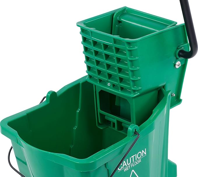 Carlisle FoodService Products 26 Qt Mop Bucket with Side Wringer, Green | 18.5 x 16.5 x 16.5 in, 34.25-in Handle, Polypropylene, 50,000-Cycle Wringer, Non-Marking Casters, Assembly Required