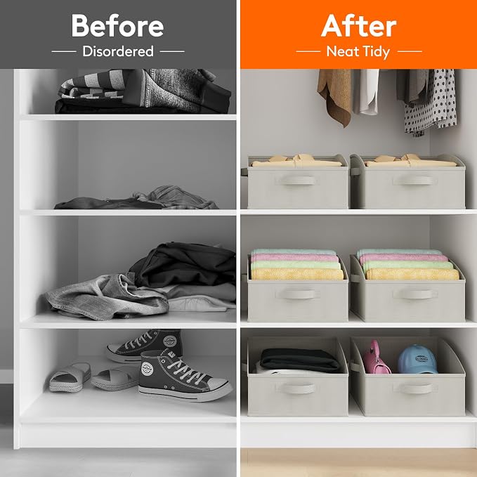 Lifewit Trapezoid Closet Storage Bin for Shelf, 6 Packs 16L, Light Gray | Non-woven Closet Organizer Baskets with Handles, Foldable Clothes Containers Boxes for Clothing, Book, Purse, Medium
