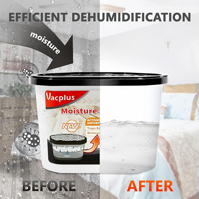Vacplus Moisture Absorber, 10.5 OZ, Strong Absorption, Charcoal | Closet, Bathroom, Car, Odor Eliminator, Dehumidifier Bucket, 6 Pack