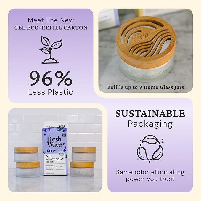 Fresh Wave Odor Removing Gel 4-Pack Glass Jar & 63oz Refill, Lavender | Refills 7oz gel up to 9 times or 15oz up to 4 times. Gel odor eliminator for bathroom, closet, or garage. No plug-in.