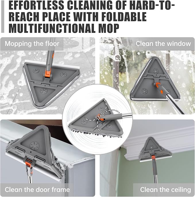 CALBEAU Baseboard Cleaner Tool with Handle, Wall Mop with Squeegee, 8 Pads | 86" Extension Pole, Swivel & Foldable Head, 8 Reusable Pads for Baseboard, Wall, Ceiling, Window, Floor, Dark Gray