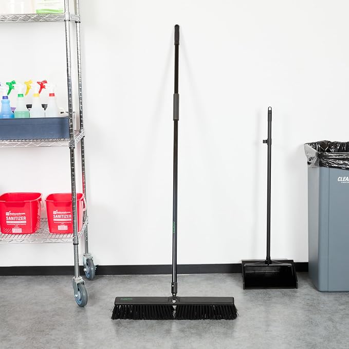 Restaurantware-Clean Tek Professional 23.62 Inch Push Broom, 1 Heavy-Duty Broom With 59” Handle - Heavy Bristles, 2 Handle Attachment, Wooden, Commercial Use, For Deck, Garage, Yard, Patio