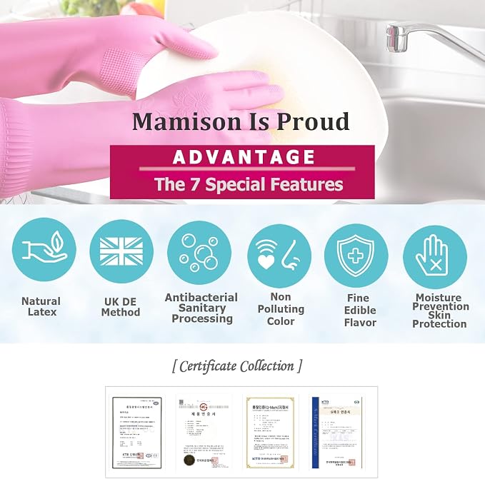 (Florian Mamison) Mamison Big Kitchen Rubber Glove Pink (XXL Size 1 Pairs) Reusable Waterproof Household Dish washing Cleaning Rubber Gloves, Non-Slip Kitchen Gloves