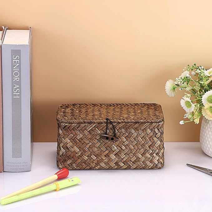 Hipiwe Handwoven Wicker Basket with Lid Small Desktop Seagrass Organizer | Decorative Basekt Boxes Bin for Remote Control Keys Candy, Coffee Color 7.0"L x 4.3"W x 3.3"H