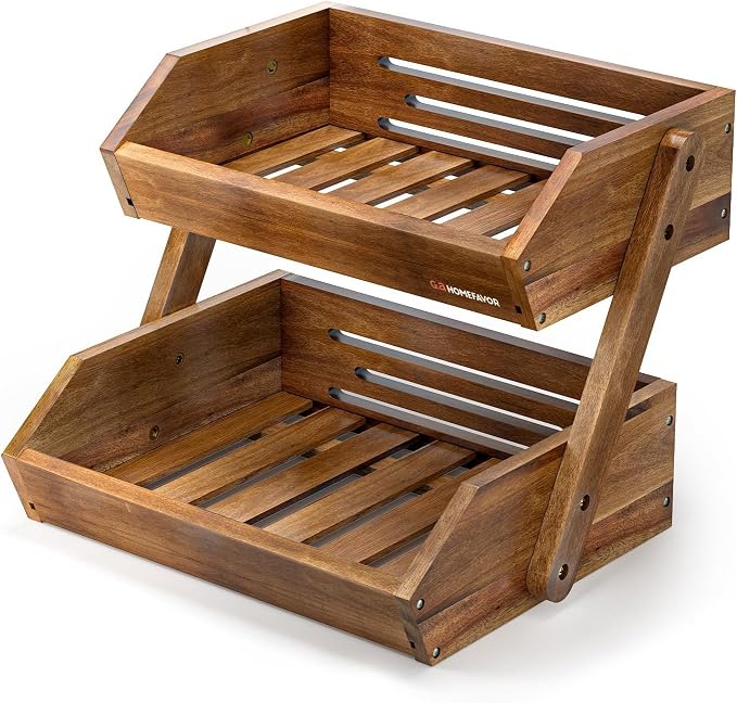 G.a HOMEFAVOR 2-Tier Acacia Wood Fruit Basket for Kitchen, Self-assembly | Large Fruit Bowl for Kitchen Countertop, Fruit Stand Storage Holder for Vegetables and Snack Home Organizer