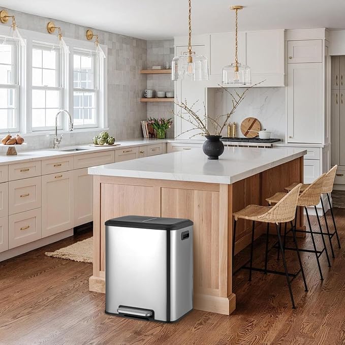 IDEALHOUSE 2 x 4 Gal (2 x 15L) Kitchen Dual Trash Can, 30 Liter Stainless Steel Recycling Bin, Removable Inner Bin and Soft Close Lid, Garbage Can for Home, Office, Business - Silver