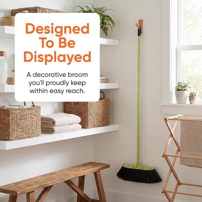Superio Polka Dot Printed Broom, 2-Pack, Heavy-Duty Indoor & Outdoor Push Brooms with Black Plastic Bristles, Multi-Surface Floor Sweeper, Wooden Handles, 12-Inch Wide Sweeping Head