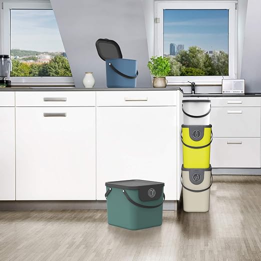 Rotho Albula Set of 3, Waste Separation System, 40 L for The Kitchen, Plastic (PP) BPA-Free, Anthracite/Blue/Cappuccino, 3 x 40 L (40.0 x 35.8 x 34.0 cm) | Rubbish Bin, Kitchen Waste Bin, Recycling Bin, Lid, Stackable, Long Handles, Easy Opening When S...