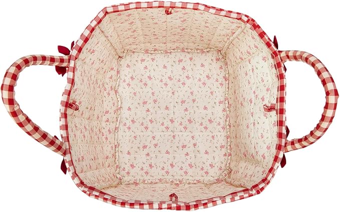 Boho Fabric Storage Basket Quilted Floral Print Baskets Organizer Bin with Handles for Home, Picnic, Shopping (A-Red 1, One Size)