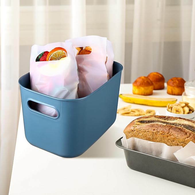 Hoolerry 8 Pack Storage Bins, 16.1 X 12.0 X 9.7 Inch Blue | Plastic Stackable Containers with Lid Handle, For Shelves Desktop Playroom Office, Organizing Toys Books Supplies Storage