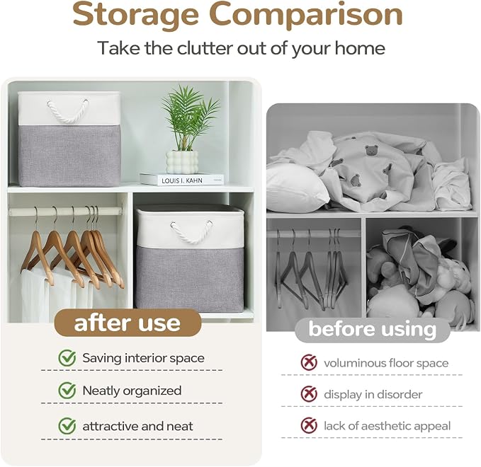 12x12 Inch Foldable Fabric Cube Storage Bins with Handles 4 Pack | Sturdy Metal Strand, Cardboard Support Molding, Storage Basket, Cube Storage Bin for Shelves, Closet, Bedroom, White/Gray