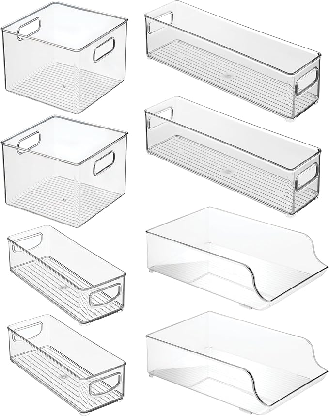 iDesign Fridge Storage Bin Set, Set of 8, Clear | Includes Bins with Handles, Water Bottle Holder