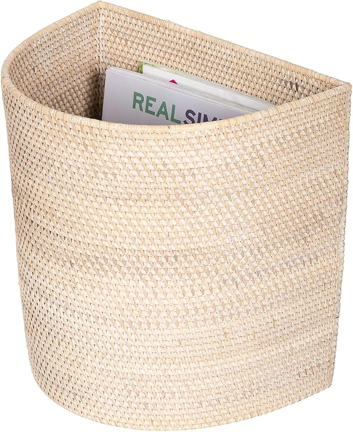 KOUBOO Half-Moon Rattan Waste Basket, Wicker Trash Can, Off White/Latte Bin | Handwoven natural texture, space-saving shape, lightweight construction, ideal for paper and dry household waste