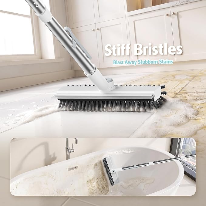 AIR U+ Floor Scrub Brush with Long Handle, 4 in 1 Floor Scrubber & Squeegee | Small Scrubber with Stiff Dual-Sided Bristles and Rotating Head for Shower, Bathroom, Bathtub, Kitchen and Patio, White