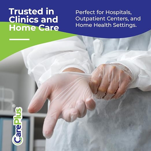 CARE PLUS Vinyl Gloves Clear Small, Disposable Latex Free, 100 Count | Powder free exam grade protection for food service, salons & housekeeping; ambidextrous, tear resistant, comfortable fit
