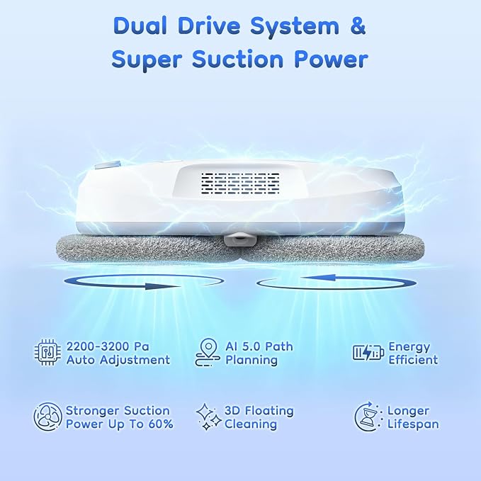 2026 Updated Window Cleaning Robot - Enhanced Battery, Max 6400Pa, Path Planning, Anti-Slipping, Edge Detection, Window Cleaner Robot for High-Rise Windows (2 pairs of nozzles, 10 cloths) (White)