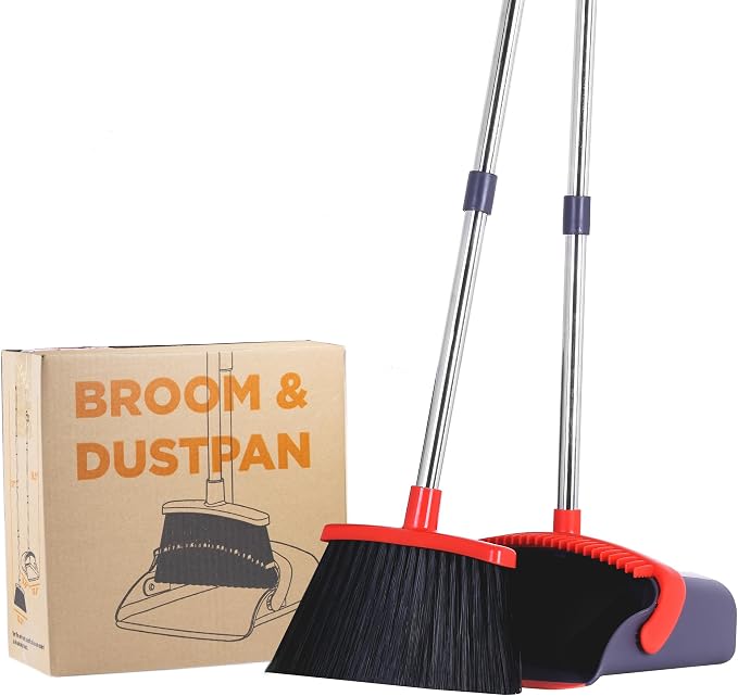 Broom and Dustpan Set 52-in Long Adjustable Handle Broom Dustpan Combo | Upright Dustpan with Teeth to Automatically Clean Hair, Suitable for Home Kitchen Office Hall Floor Lobby(Purple&Red)